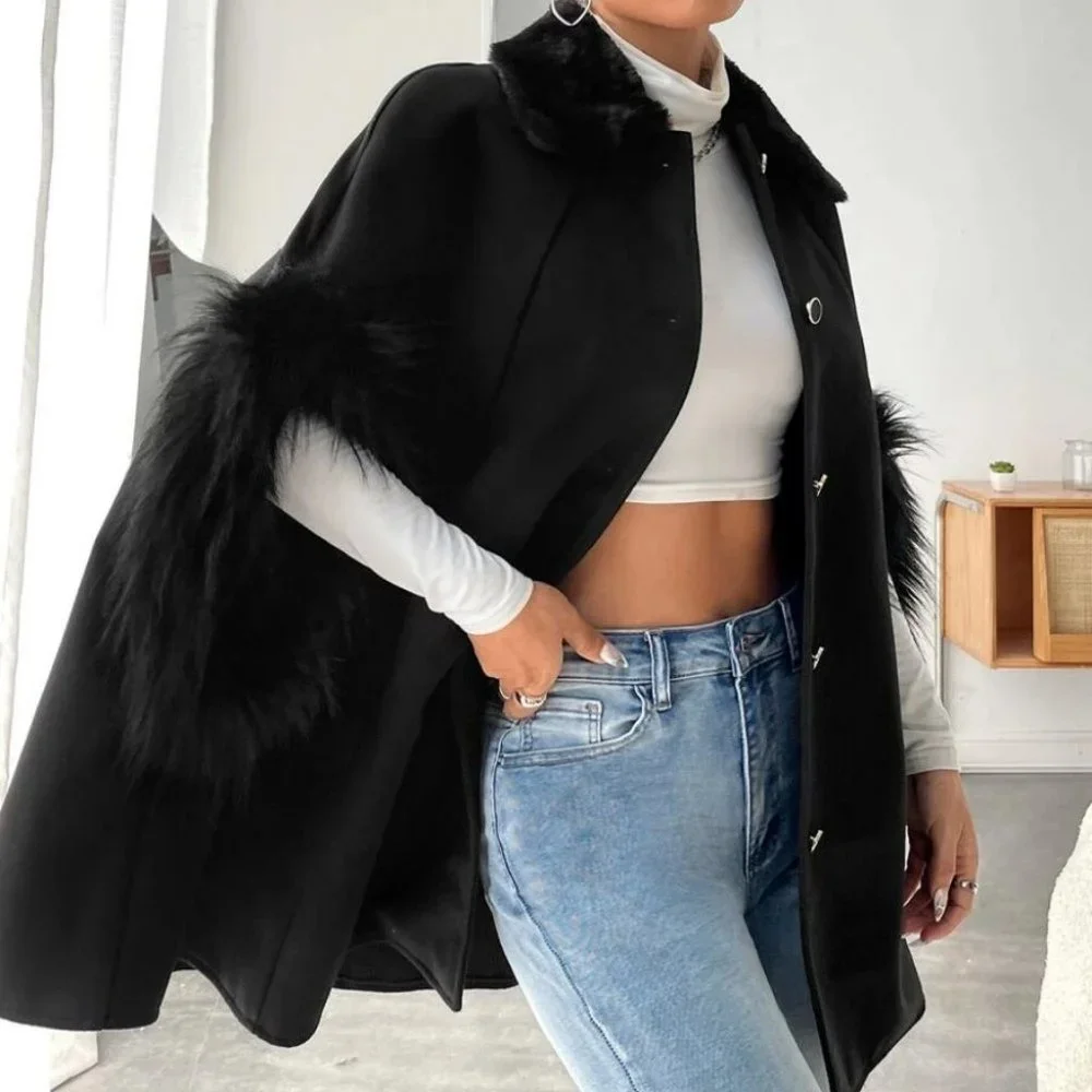 Faux fur Cuff Raglan Sleeve Borg Collar Black button down Overcoat Jacket - Picture 4 of 5